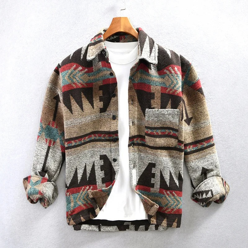 Men's Aztec print long sleeve button-down shacket. Casual, relaxed fit outerwear for stylish layering.