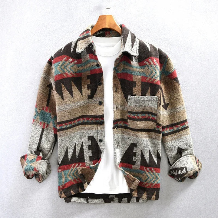 Men's Aztec print long sleeve button-down shacket. Casual, relaxed fit outerwear for stylish layering.