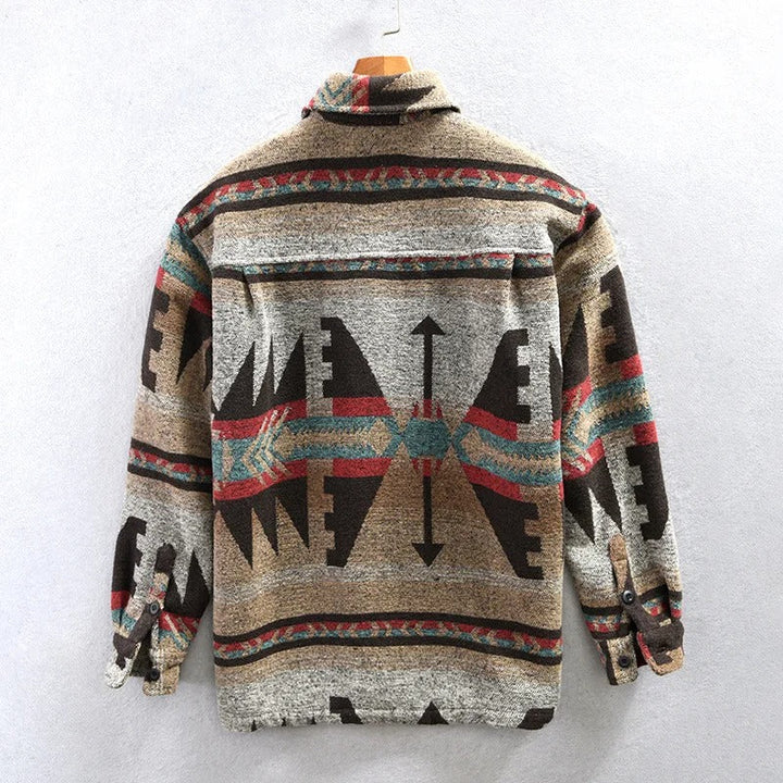 Relaxed fit men's long sleeve Aztec print shacket. Button-down casual jacket, ideal for versatile outerwear.