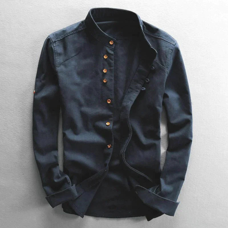 Men's band collar button-down shirt with roll tab sleeves, offering modern casual style and versatility.