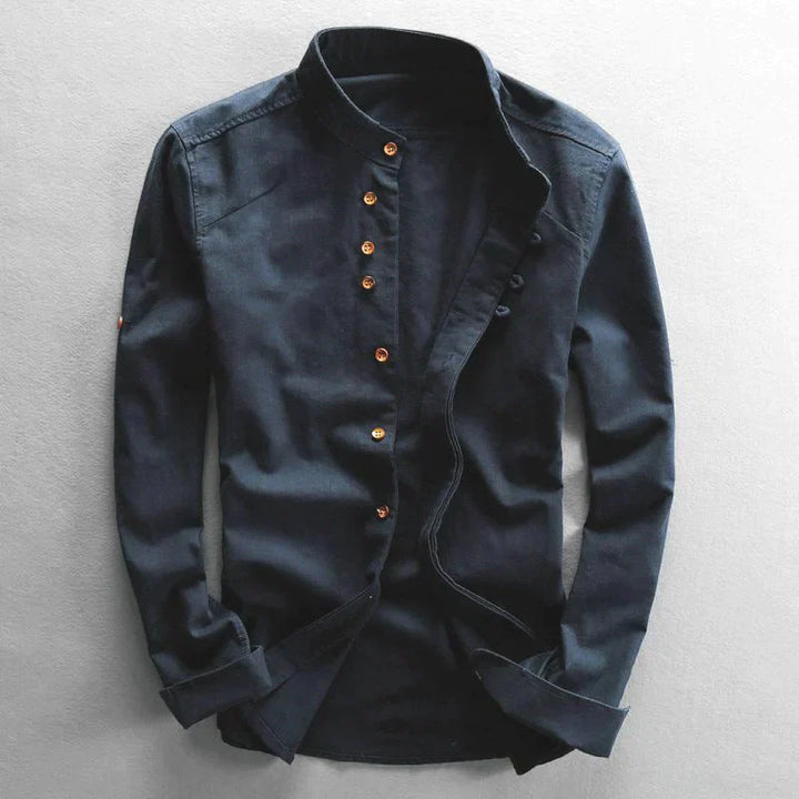 Men's band collar button-down shirt with roll tab sleeves, offering modern casual style and versatility.