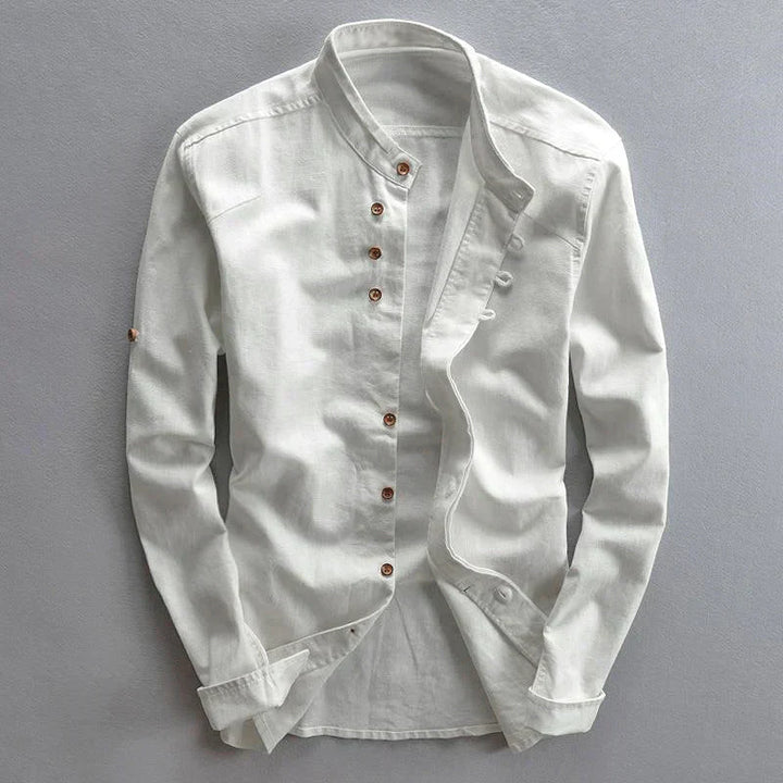 Casual men's long sleeve henley-style shirt, featuring a band collar and functional roll tab sleeves.
