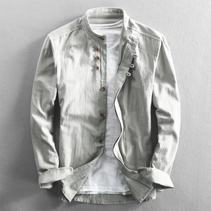 Stylish men's band collar button-down shirt for everyday wear. Modern design with roll tab sleeves.