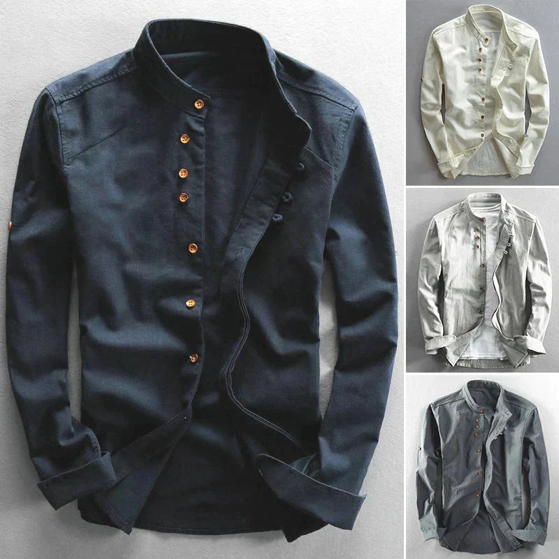 Versatile men's long sleeve band collar shirt. Button-down front and roll tab sleeves for casual elegance.