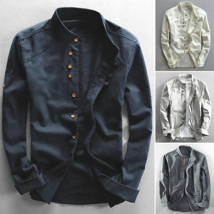 Versatile men's long sleeve band collar shirt. Button-down front and roll tab sleeves for casual elegance.