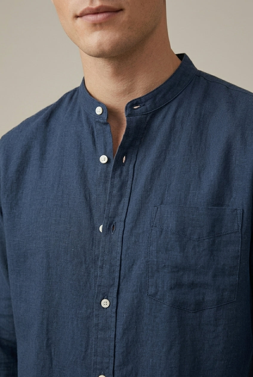 Relaxed fit men's long sleeve band collar shirt, ideal for smart casual & everyday versatile styling.