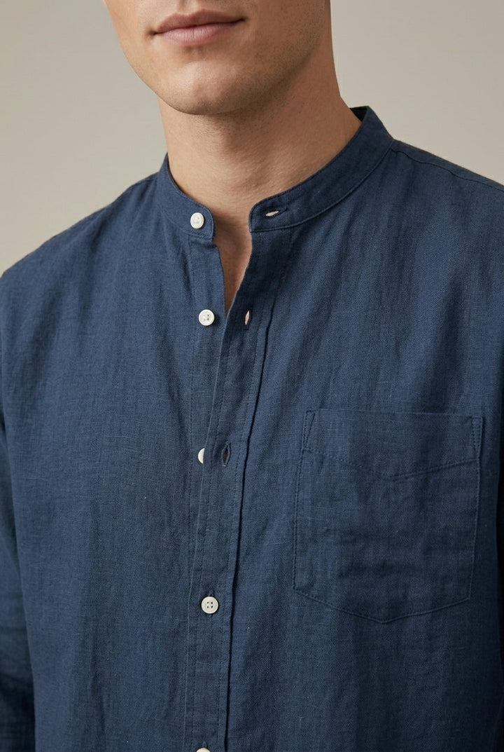Relaxed fit men's long sleeve band collar shirt, ideal for smart casual & everyday versatile styling.