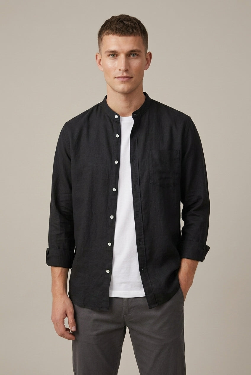 Stylish men's band collar button-up shirt. Long sleeves, single pocket. Great for smart casual men's fashion.