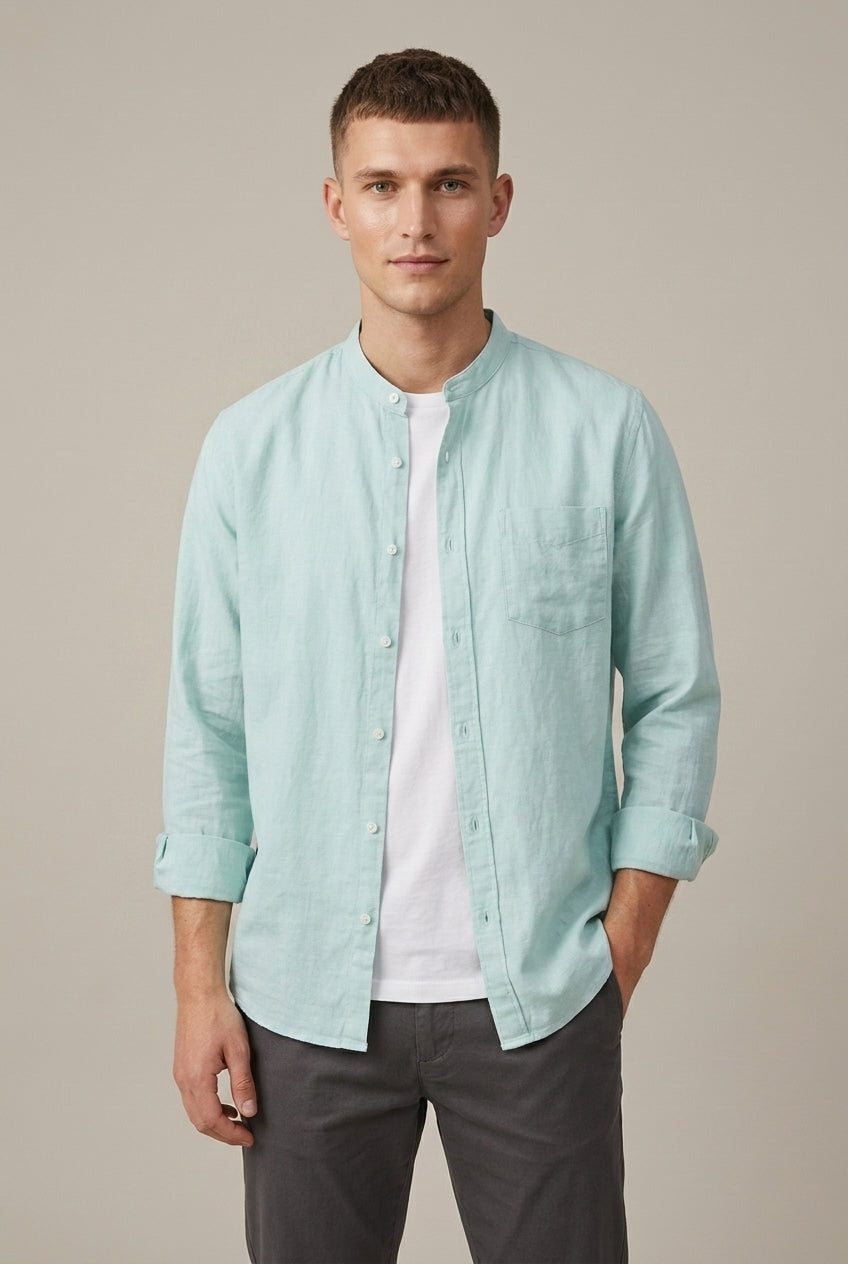 Versatile men's long sleeve casual shirt with band collar & pocket. Regular fit for comfortable daily wear.