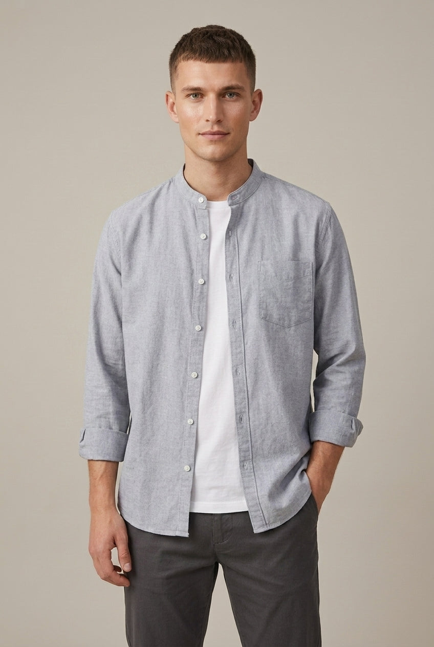 Modern men's band collar shirt with long sleeves & pocket. Perfect casual button-up for everyday looks.