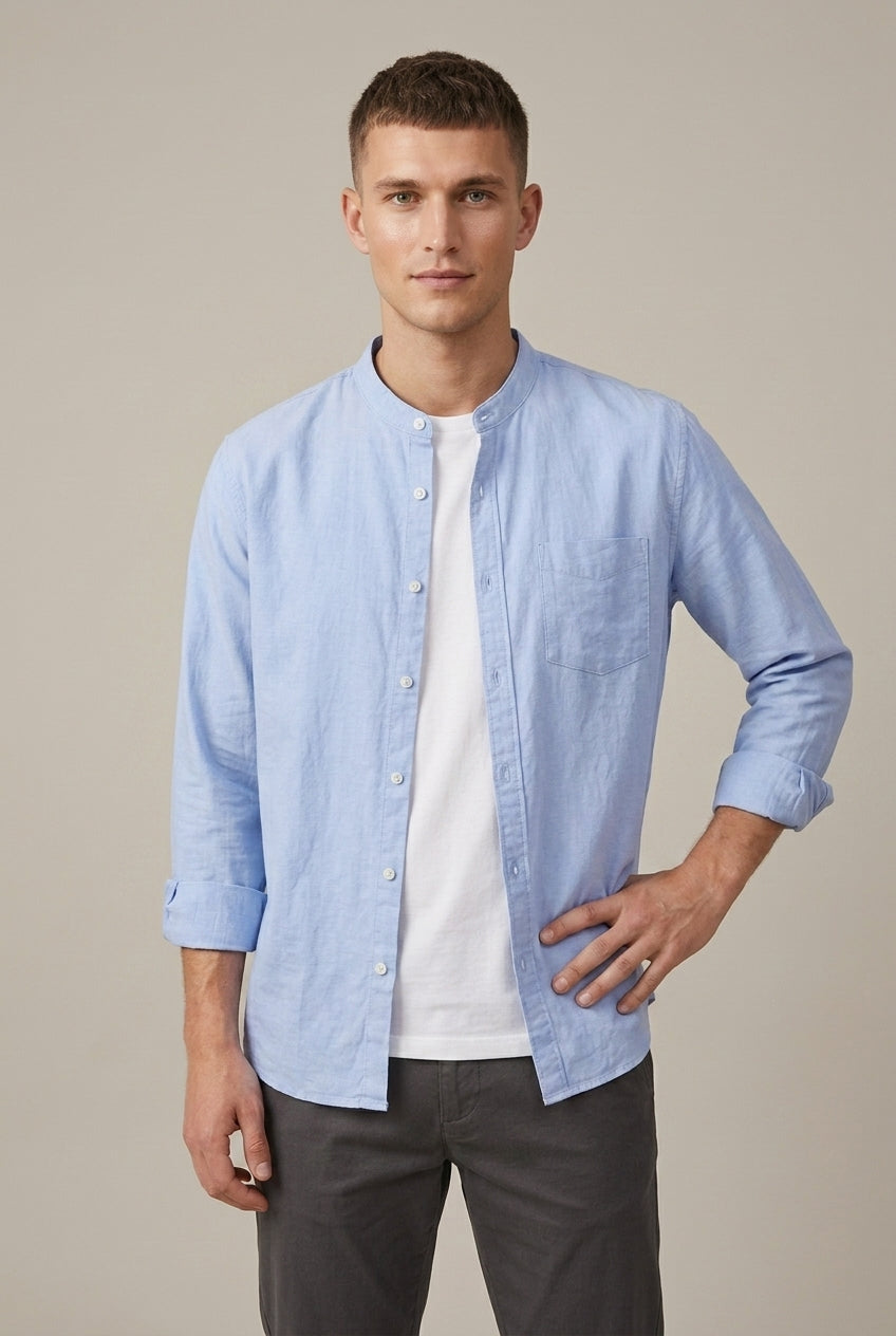 Comfortable long sleeve men's band collar shirt with a chest pocket. Ideal for relaxed or smart casual outfits.
