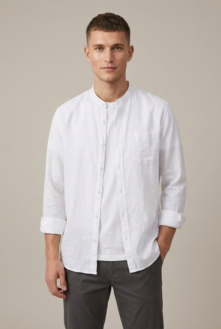 Men's fashion essential: long sleeve band collar casual shirt with pocket. Easy to style for various occasions.