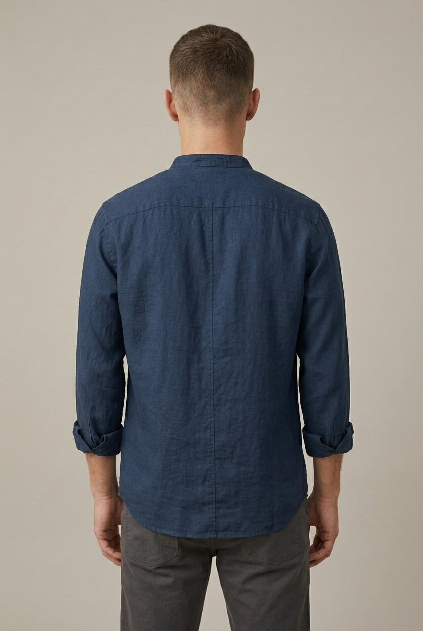 Classic men's long sleeve band collar shirt, casual style with pocket. A versatile regular fit button-up.