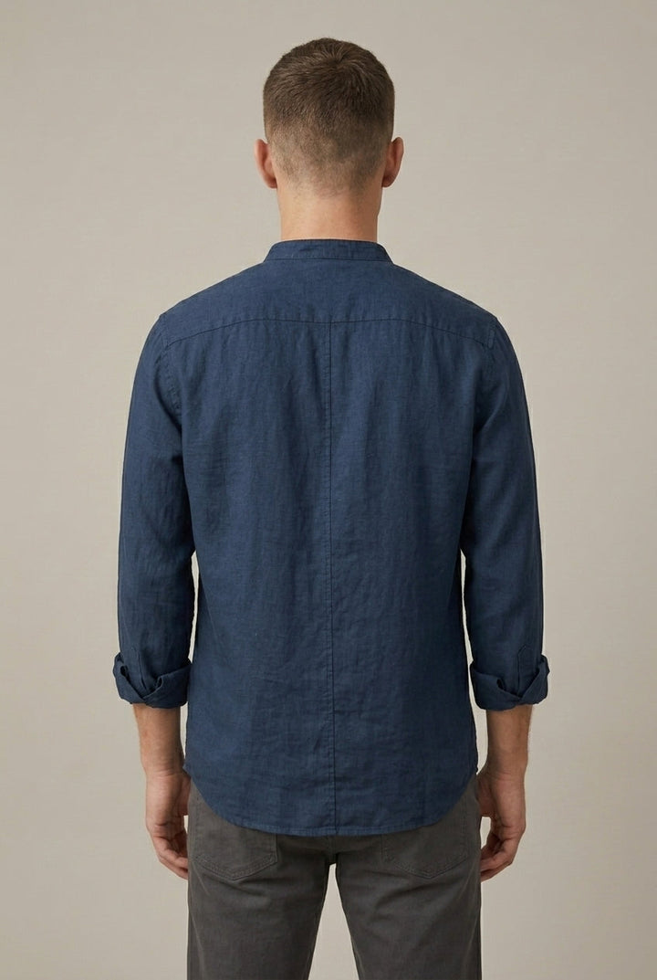 Classic men's long sleeve band collar shirt, casual style with pocket. A versatile regular fit button-up.