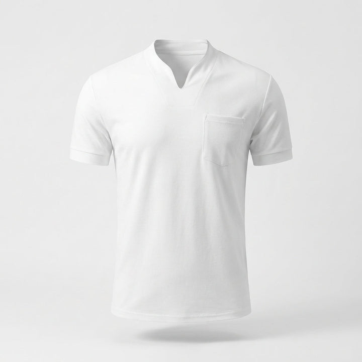 Men's band collar pocket t-shirt; casual modern style, perfect for everyday wear.