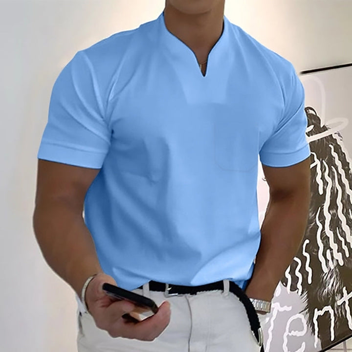 Men's casual short sleeve band collar t-shirt; featuring a stylish chest pocket, modern design.