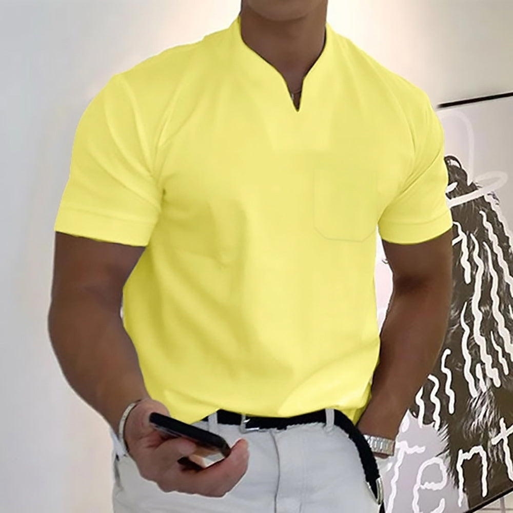 Modern men's band collar tee; stylish, comfortable short sleeve pocket t-shirt for daily fashion.