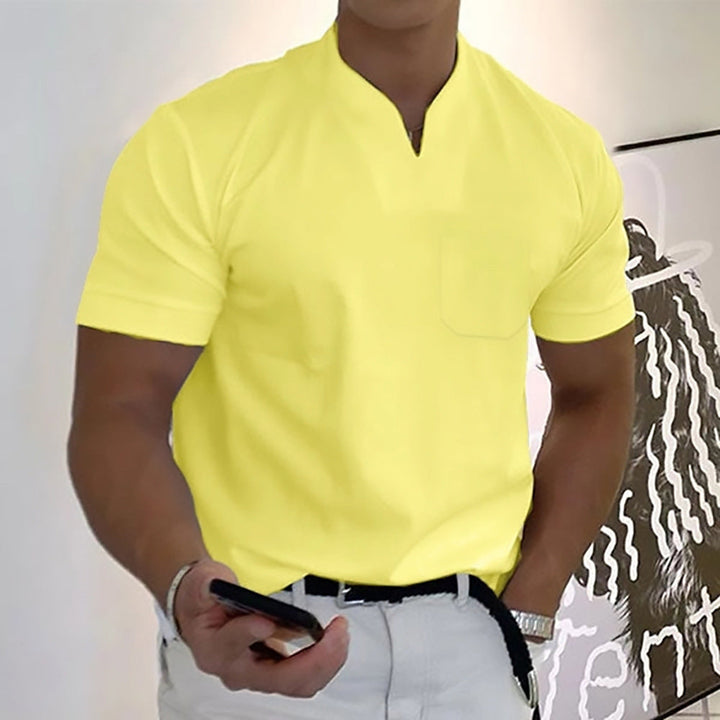 Modern men's band collar tee; stylish, comfortable short sleeve pocket t-shirt for daily fashion.