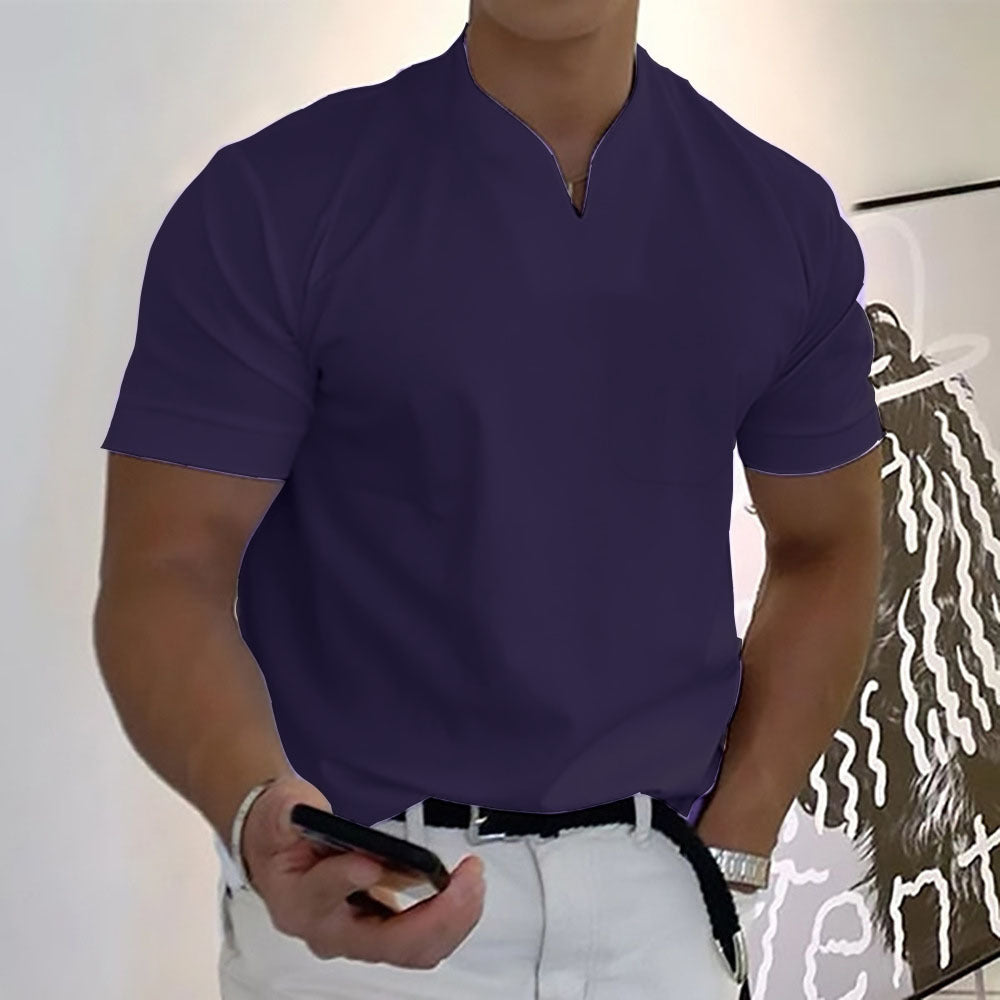 Fashionable men's band collar pocket tee; combining comfort with modern short sleeve style.