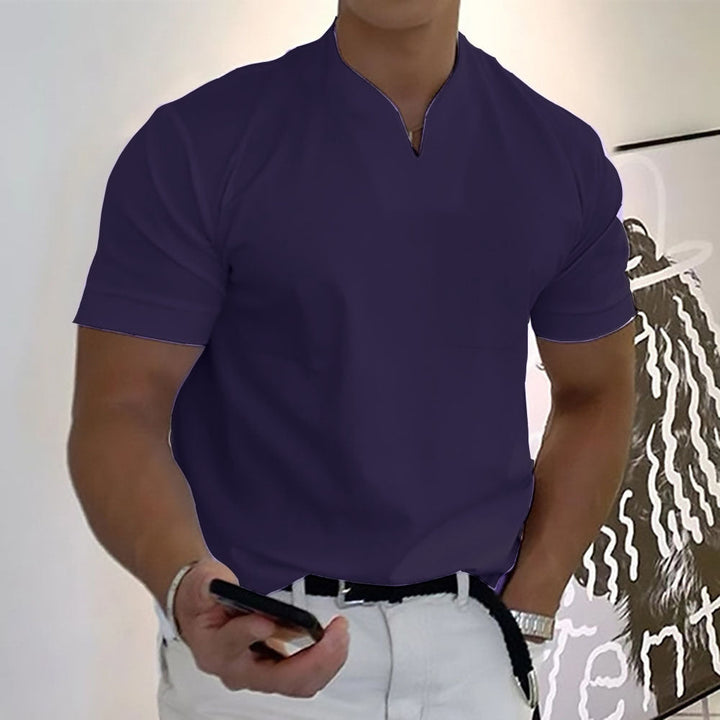 Fashionable men's band collar pocket tee; combining comfort with modern short sleeve style.