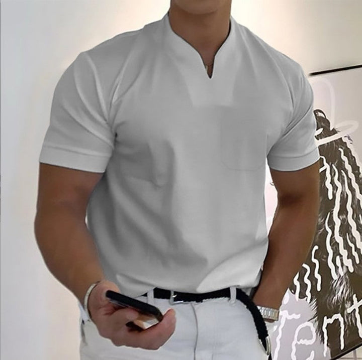 Stylish men's band collar pocket t-shirt; modern summer fashion for men's tops.