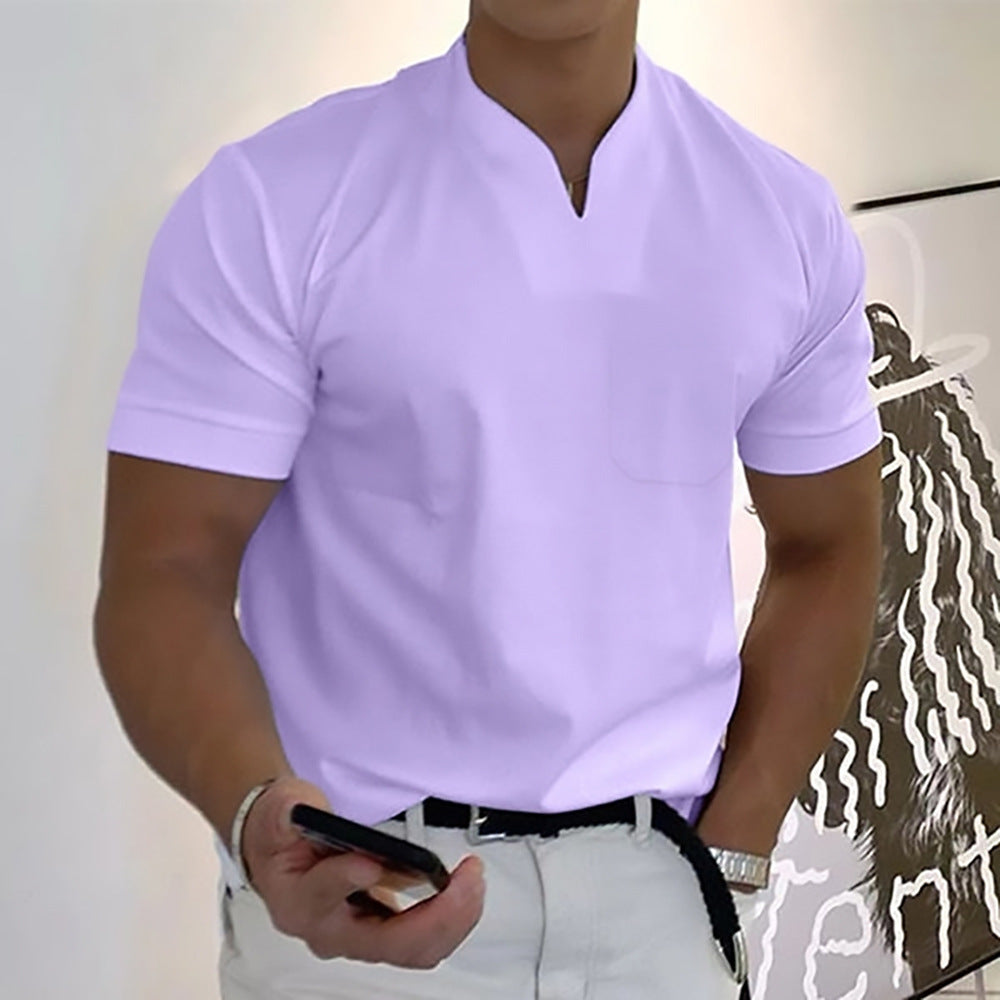 Classic men's band collar pocket t-shirt; stylish short sleeve top for summer.