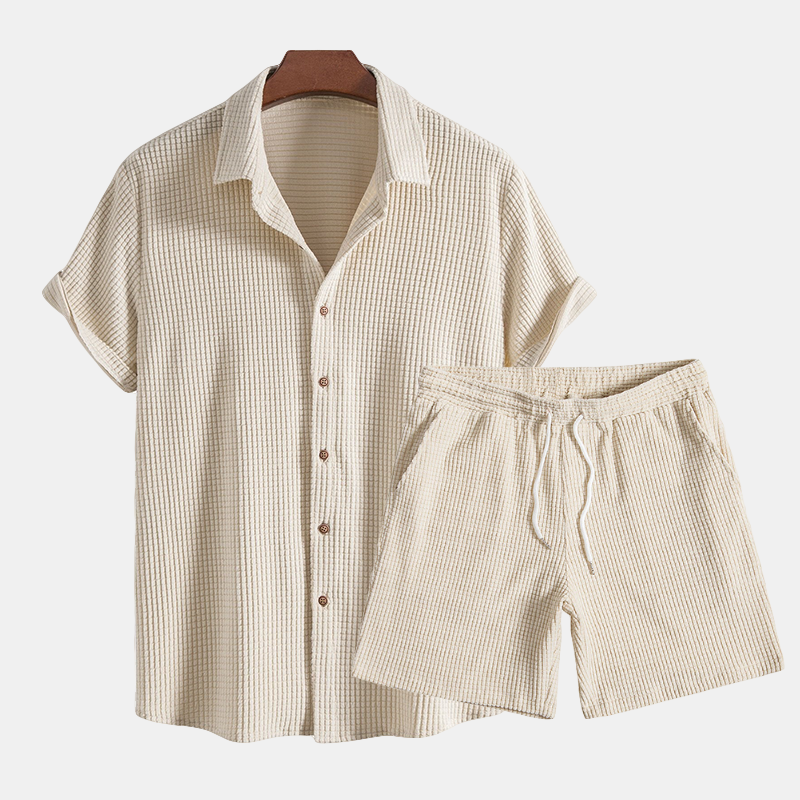 Men's beige casual two-piece shirt & shorts set. Perfect relaxed fit summer vacation beach outfit.