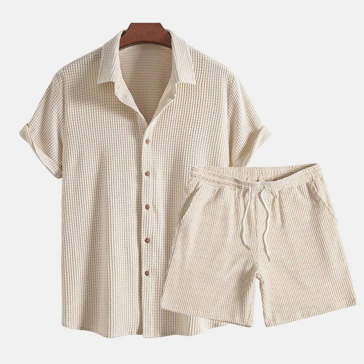 Men's beige casual two-piece shirt & shorts set. Perfect relaxed fit summer vacation beach outfit.