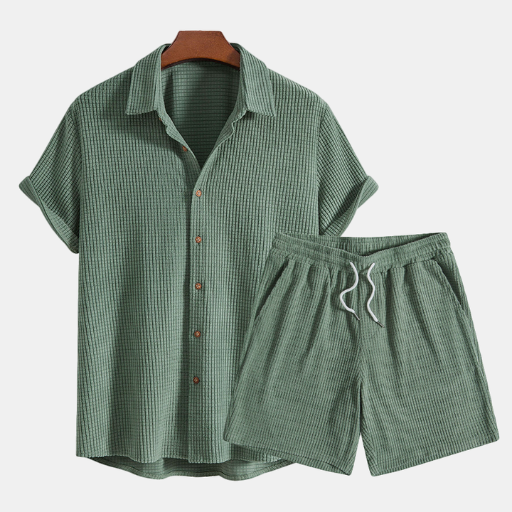 Men's green short sleeve button-up shirt & matching shorts, a stylish casual summer set.