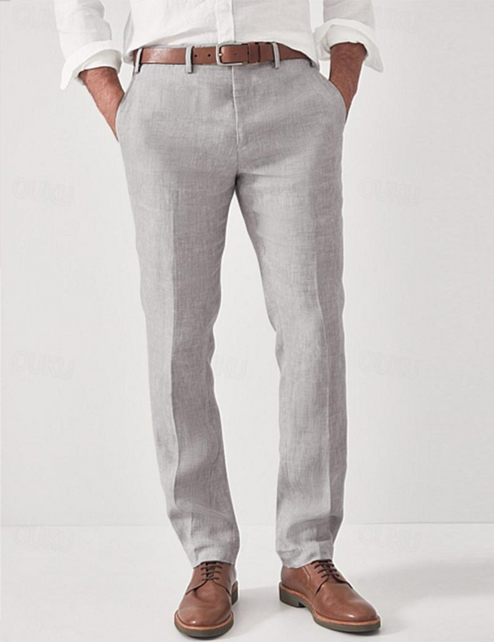 Men's beige lightweight linen trousers, tailored summer smart fit