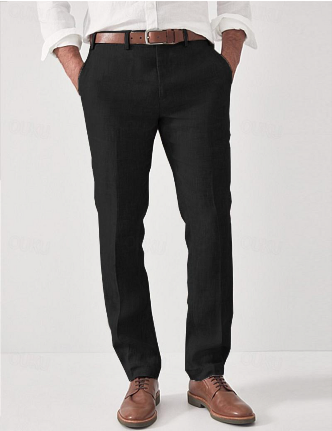 Men's black tailored fit linen pants for summer, breathable and lightweight