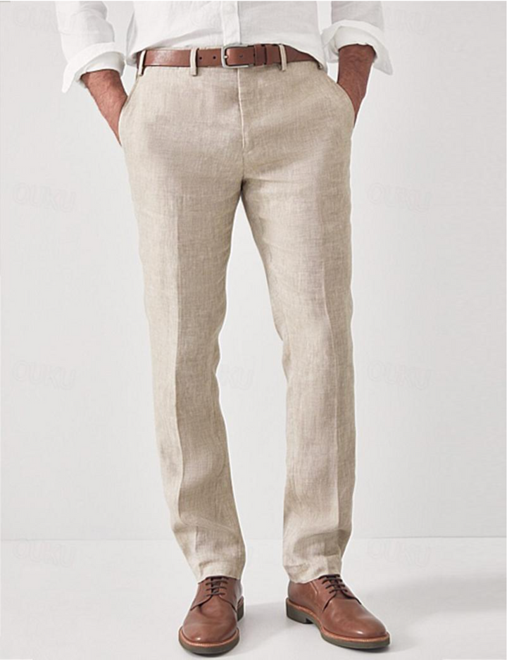 Light grey men's summer pants, lightweight linen, smart casual tailored fit