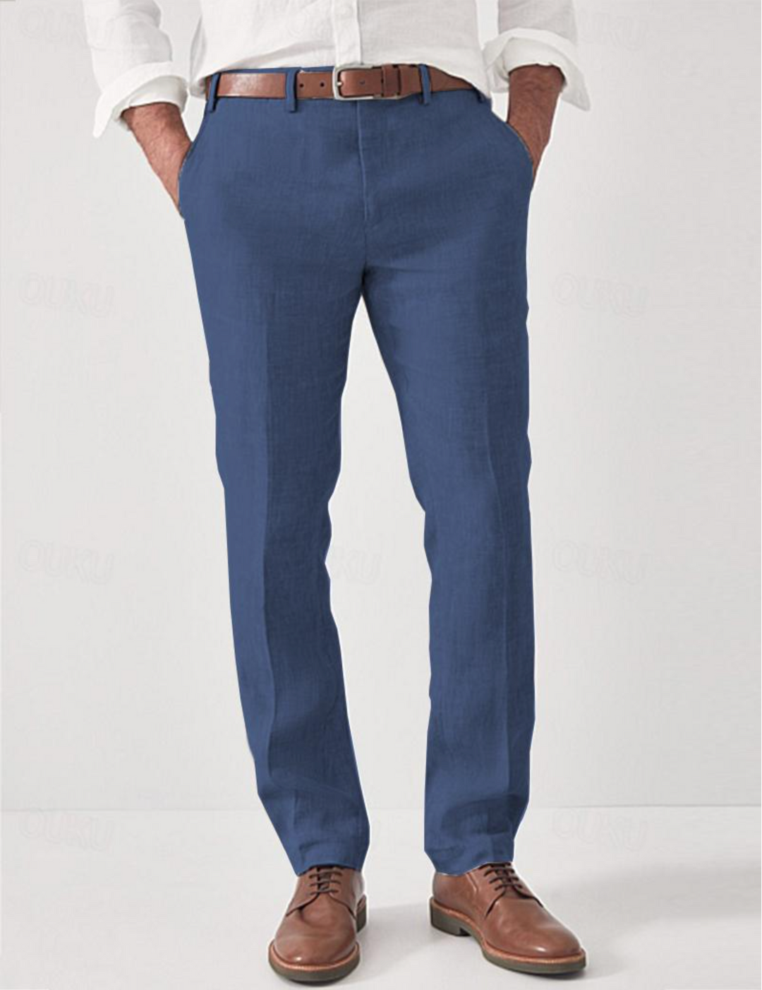 Blue men's lightweight linen trousers, perfect for summer smart casual wear