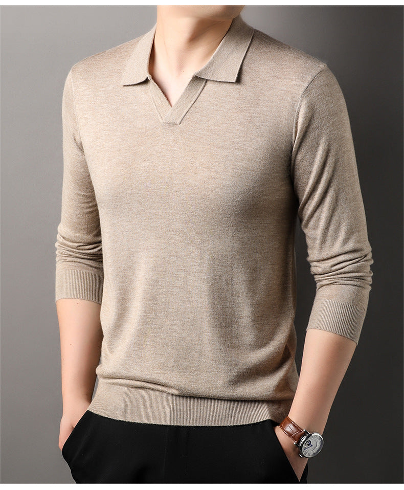 Men's beige long sleeve V-neck polo shirt, offering stylish comfort for casual and smart casual menswear outfits.