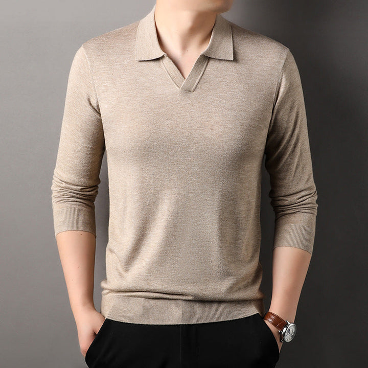 Stylish men's long sleeve V-neck polo in beige. Perfect for transitional weather, everyday wear, and smart casual fashion.
