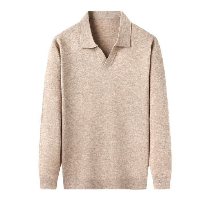 Comfortable men's beige long sleeve V-neck polo shirt. Essential menswear for a relaxed yet stylish look.