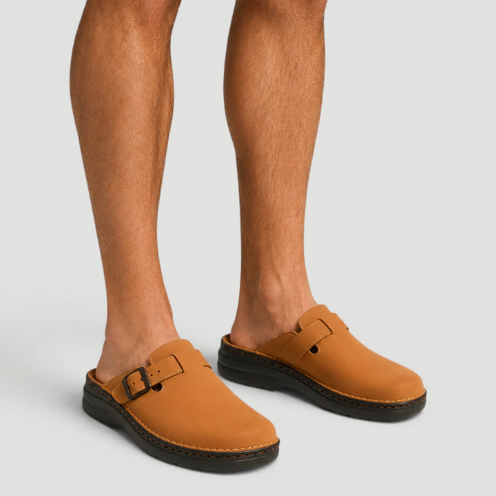Men's beige orthopedic comfort clogs with all-day foot support. Ideal casual slip-on shoes for daily wear.