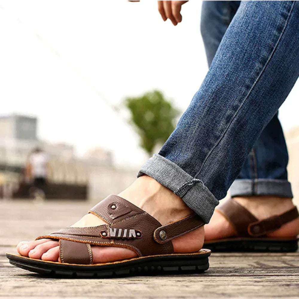 Close-up of men's supportive orthopedic walking sandals with adjustable straps.