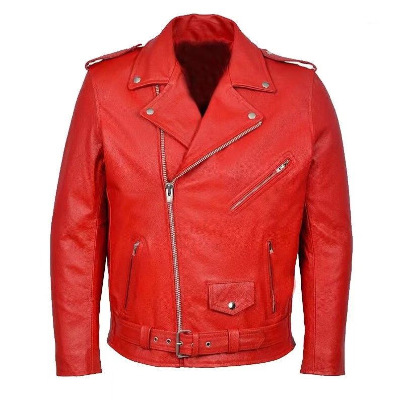 Edgy men's black biker jacket with an asymmetrical zipper. Urban style outerwear for modern fashion.