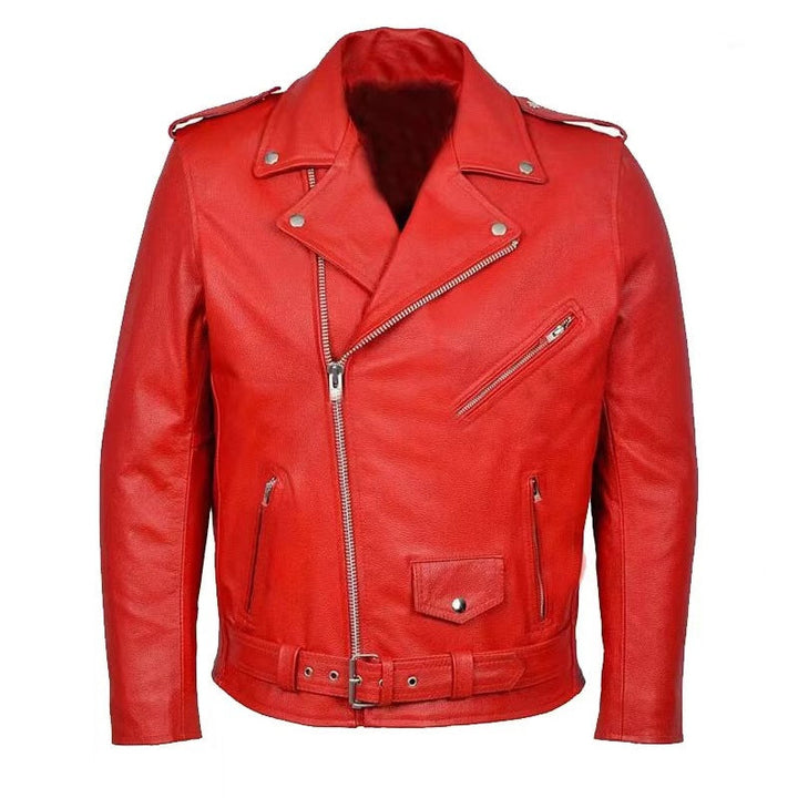 Edgy men's black biker jacket with an asymmetrical zipper. Urban style outerwear for modern fashion.