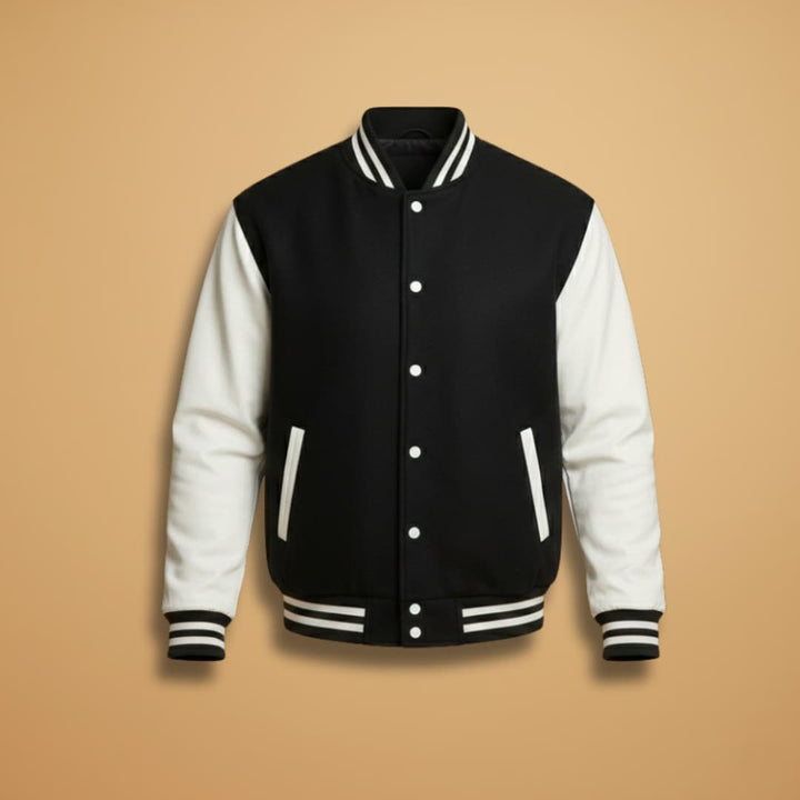 Men's black bomber jacket with snap front closure and two side pockets.