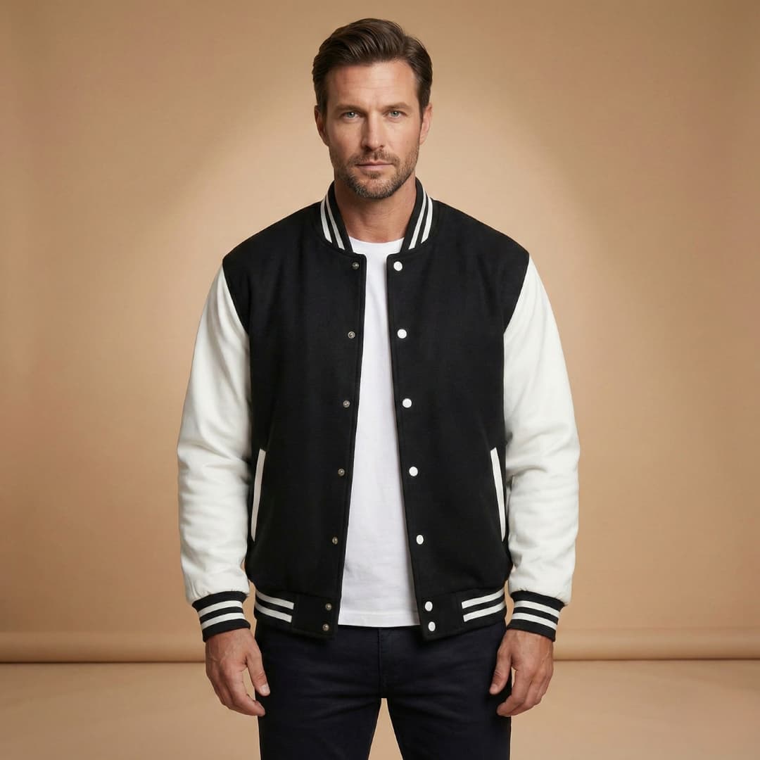 Stylish men's bomber jacket in navy blue, perfect for casual wear.