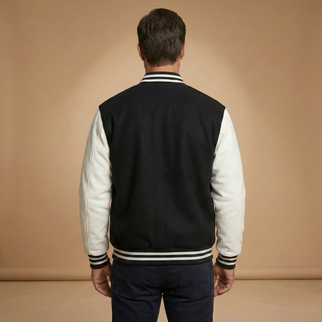 Front view of a fashionable men's bomber jacket with snap buttons.