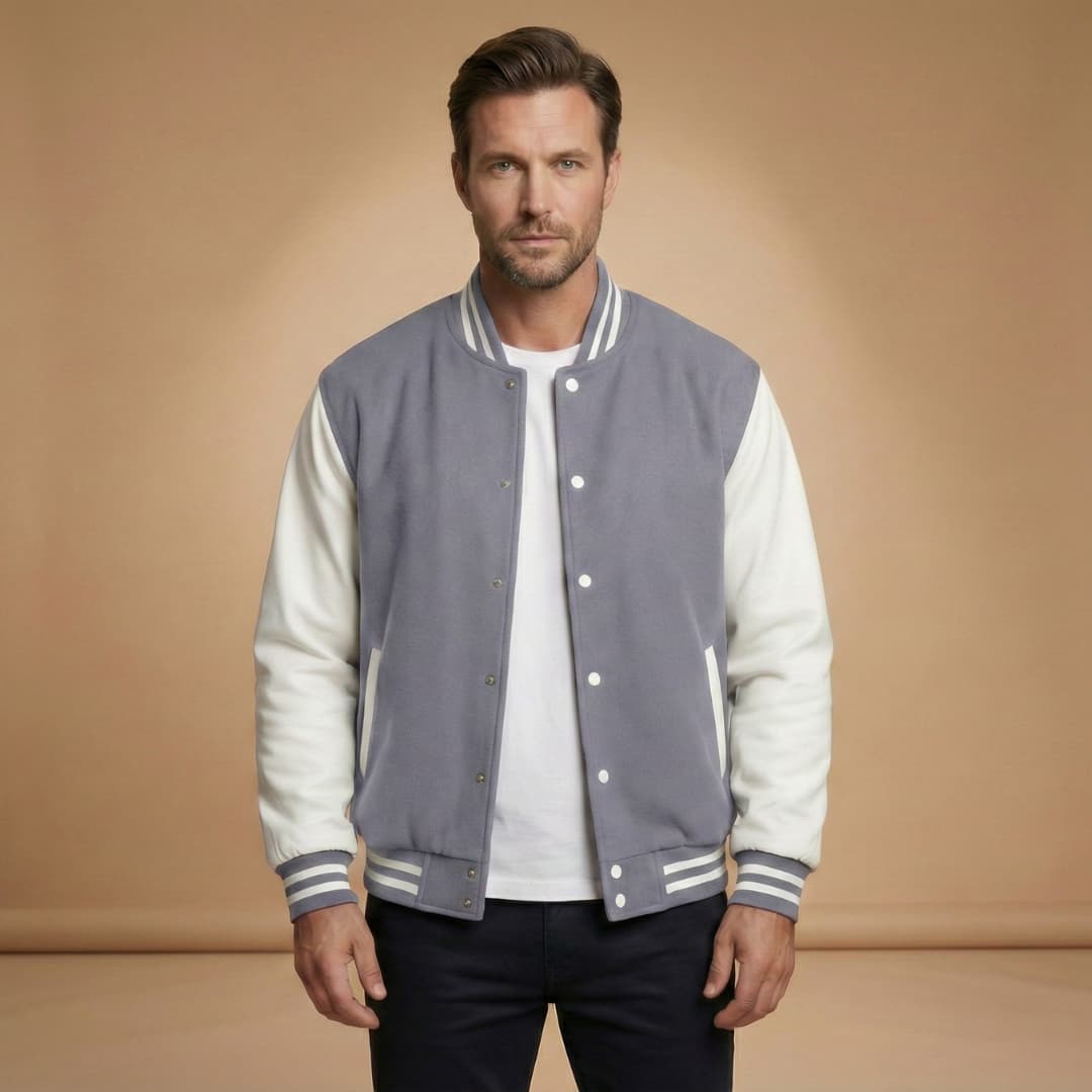 Back view of a classic men's bomber jacket with ribbed cuffs and hem.