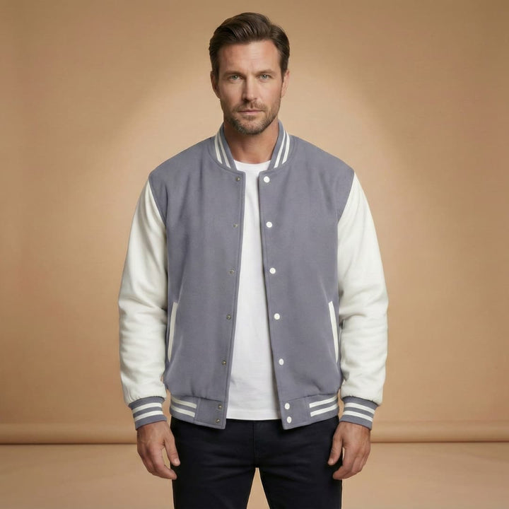 Back view of a classic men's bomber jacket with ribbed cuffs and hem.