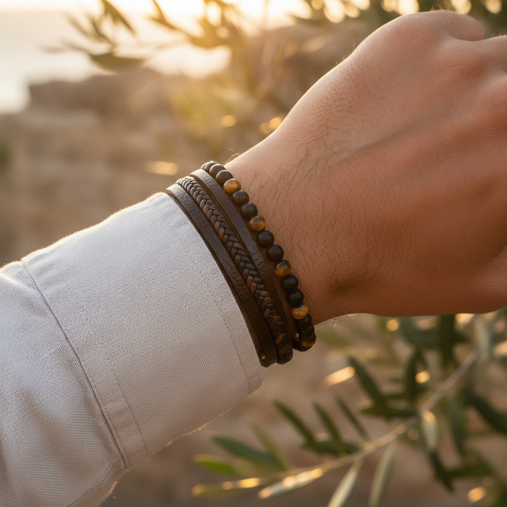 Men's black braided leather bracelet with strong magnetic clasp. Effortless urban style & confidence for him.