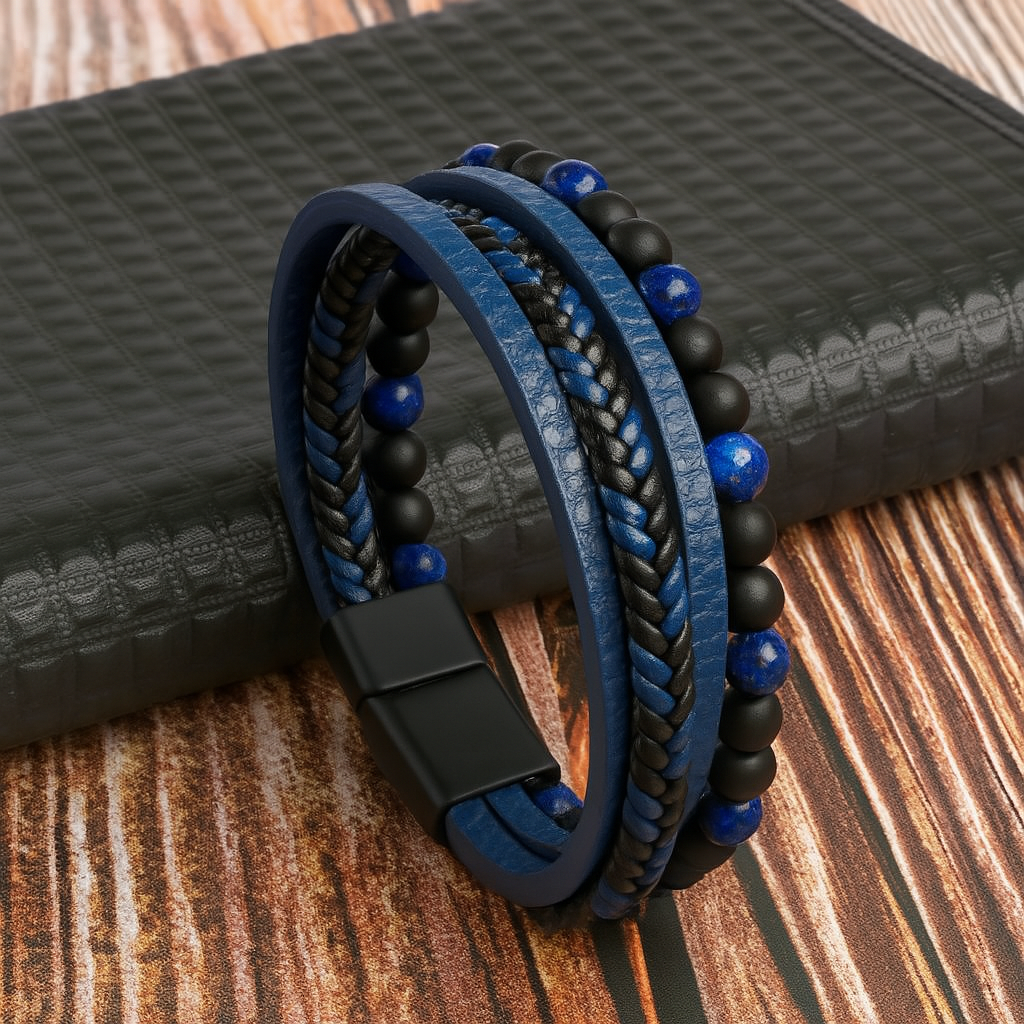 Close-up of men's braided bracelet showing intricate detail & secure magnetic clasp. Modern mens fashion jewelry.