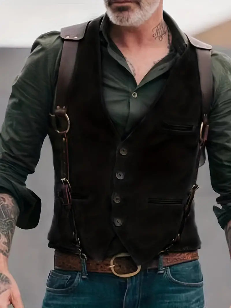 Men's black button front vest with unique shoulder strap detail