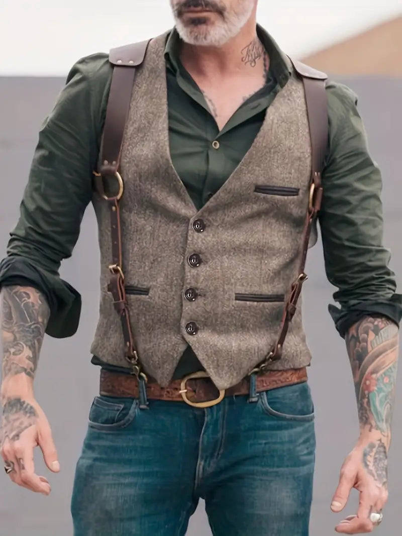 Close-up of men's strap detail vest, highlighting quality craftsmanship