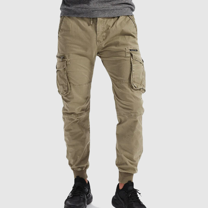 Men's black cargo jogger pants with multiple pockets for functionality.